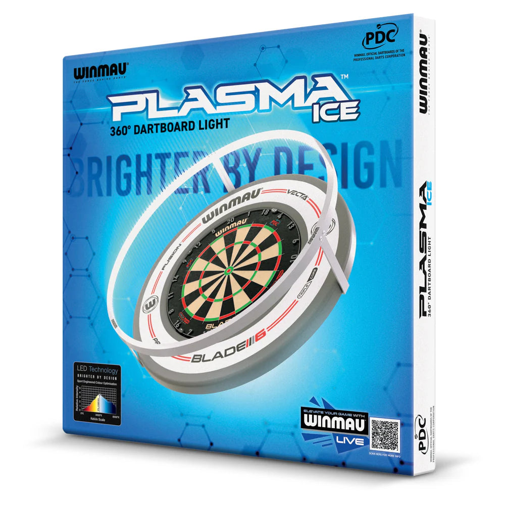 Angled shot of Plasma Ice dartboard light and surround bundle retail box showing LED 360° light and Blade 6 dartboard graphic