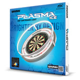 Angled shot of Plasma Ice dartboard light and surround bundle retail box showing LED 360° light and Blade 6 dartboard graphic