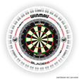 Top-down view of dartboard LED light ring with white surround, isolated on white background for darts setup display