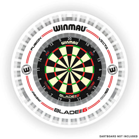 Top-down view of dartboard LED light ring with white surround, isolated on white background for darts setup display
