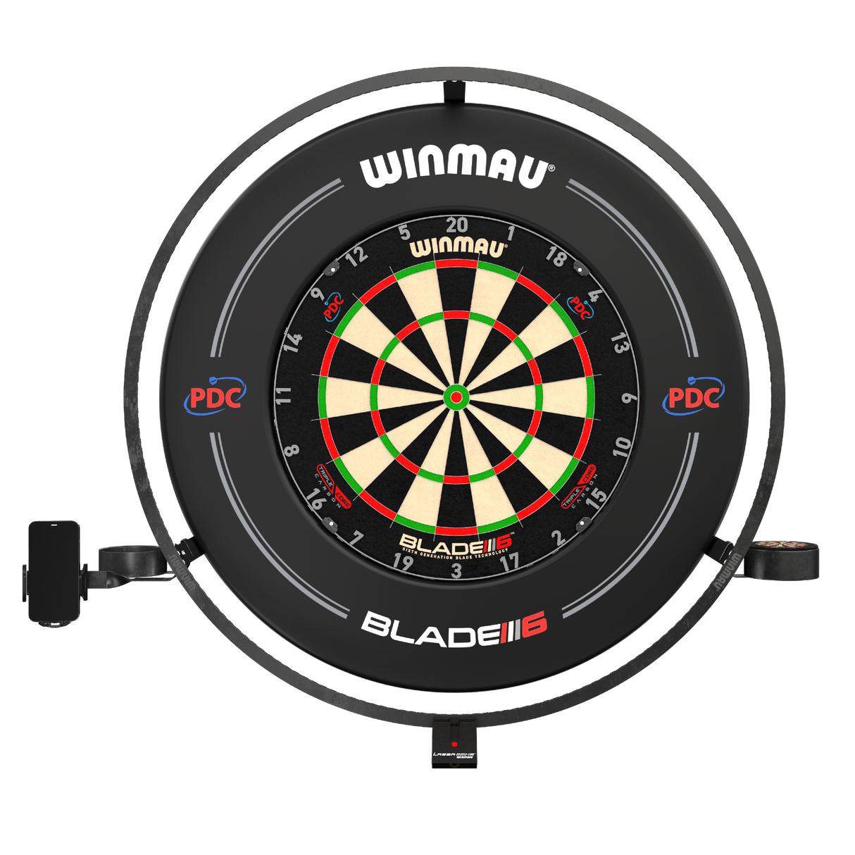 Full front view of dartboard with plasma light ring and side accessory holders, isolated on white background for darts setup