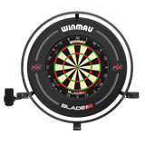Full front view of dartboard with plasma light ring and side accessory holders, isolated on white background for darts setup