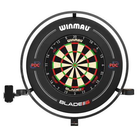 Full front view of dartboard with plasma light ring and side accessory holders, isolated on white background for darts setup
