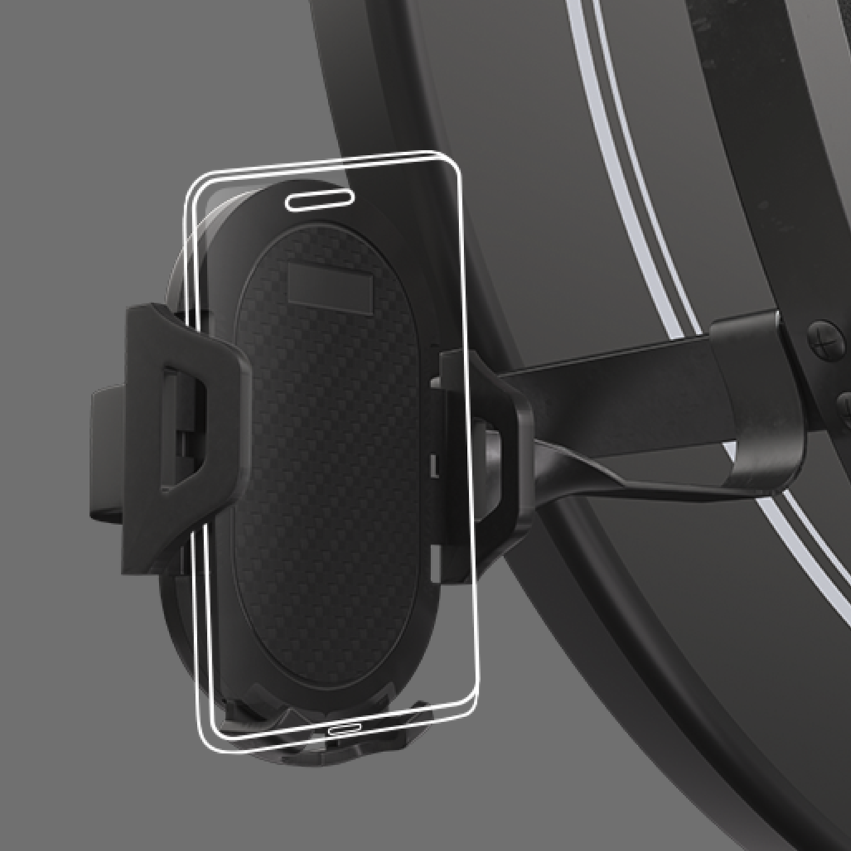 Close-up angled view of dartboard phone holder accessory with grip arms and carbon-style back, ideal for darts scoring setup
