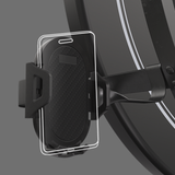 Close-up angled view of dartboard phone holder accessory with grip arms and carbon-style back, ideal for darts scoring setup