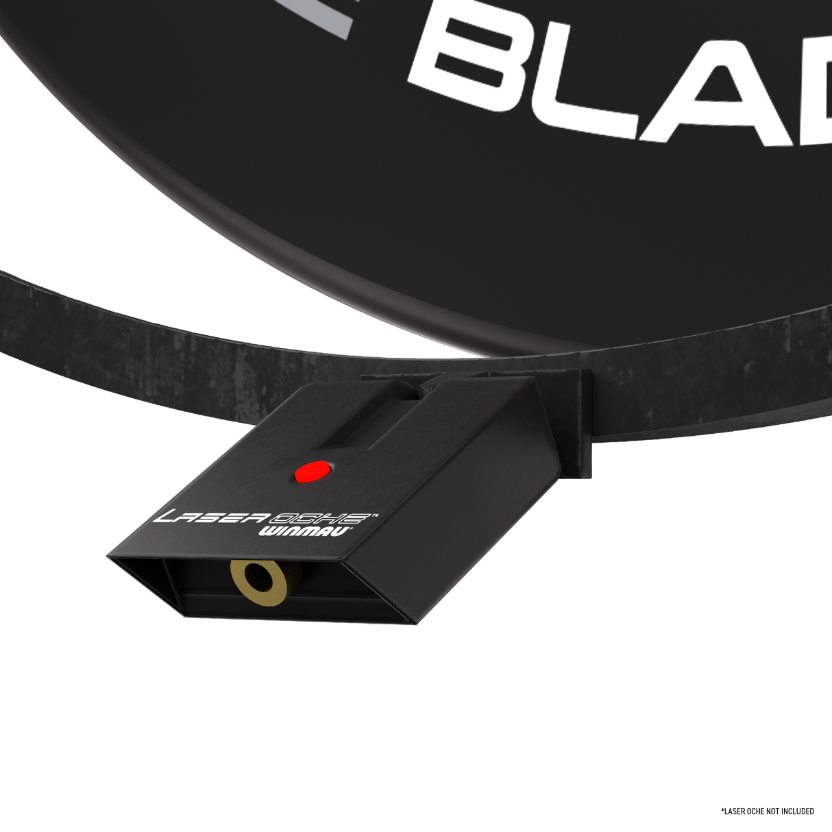 Angled close-up of dartboard light accessory pack laser oche device installed under dartboard rim for precise throw line setup