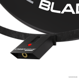 Angled close-up of dartboard light accessory pack laser oche device installed under dartboard rim for precise throw line setup