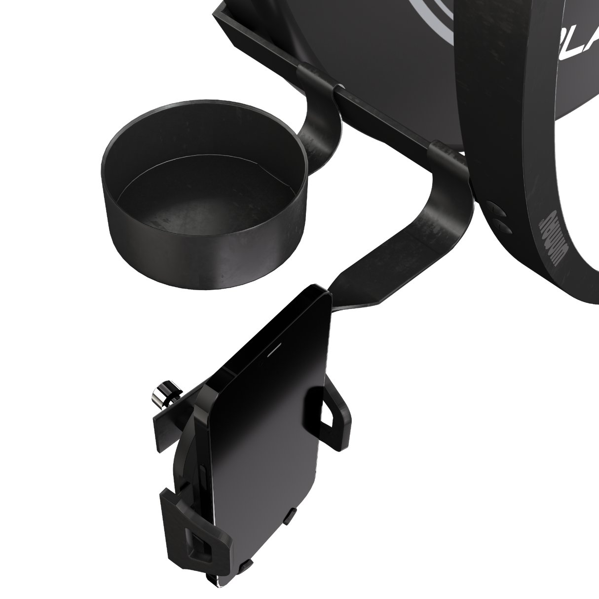 Angled close-up of dart accessory pack with metal drink holder and smartphone holder mounted on dartboard light bracket, ideal for home setup