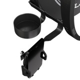 Angled close-up of dart accessory pack with metal drink holder and smartphone holder mounted on dartboard light bracket, ideal for home setup