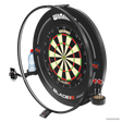 Angled view of dartboard with LED plasma light ring, dart, bottle, and phone holders, ideal for home darts setup