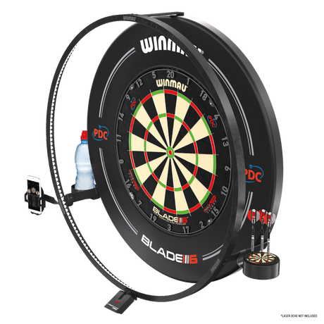 Angled view of dartboard with LED plasma light ring, dart, bottle, and phone holders, ideal for home darts setup