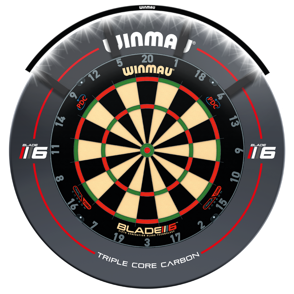 Top-down view of dartboard with Polaris 120 dartboard light fitted, highlighting 120-degree LED illumination for clear scoring
