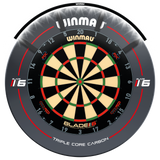 Top-down view of dartboard with Polaris 120 dartboard light fitted, highlighting 120-degree LED illumination for clear scoring