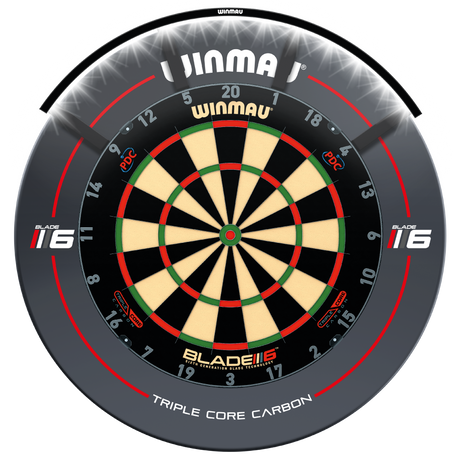 Top-down view of dartboard with Polaris 120 dartboard light fitted, highlighting 120-degree LED illumination for clear scoring