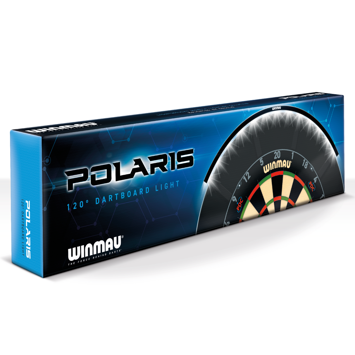 Angled packaging shot of Polaris 120 dartboard light box with illuminated dartboard graphic and clear product labeling