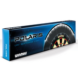 Angled packaging shot of Polaris 120 dartboard light box with illuminated dartboard graphic and clear product labeling