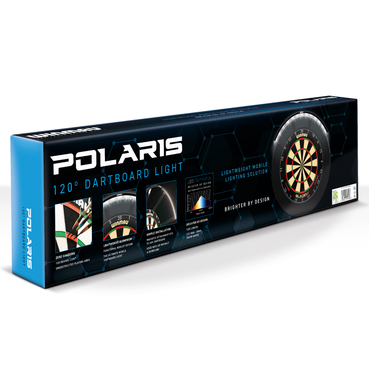 Polaris 120 dartboard light retail box angled view showing LED lighting features, installation diagrams, and product on dartboard.