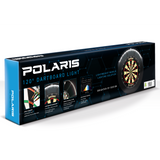 Polaris 120 dartboard light retail box angled view showing LED lighting features, installation diagrams, and product on dartboard.