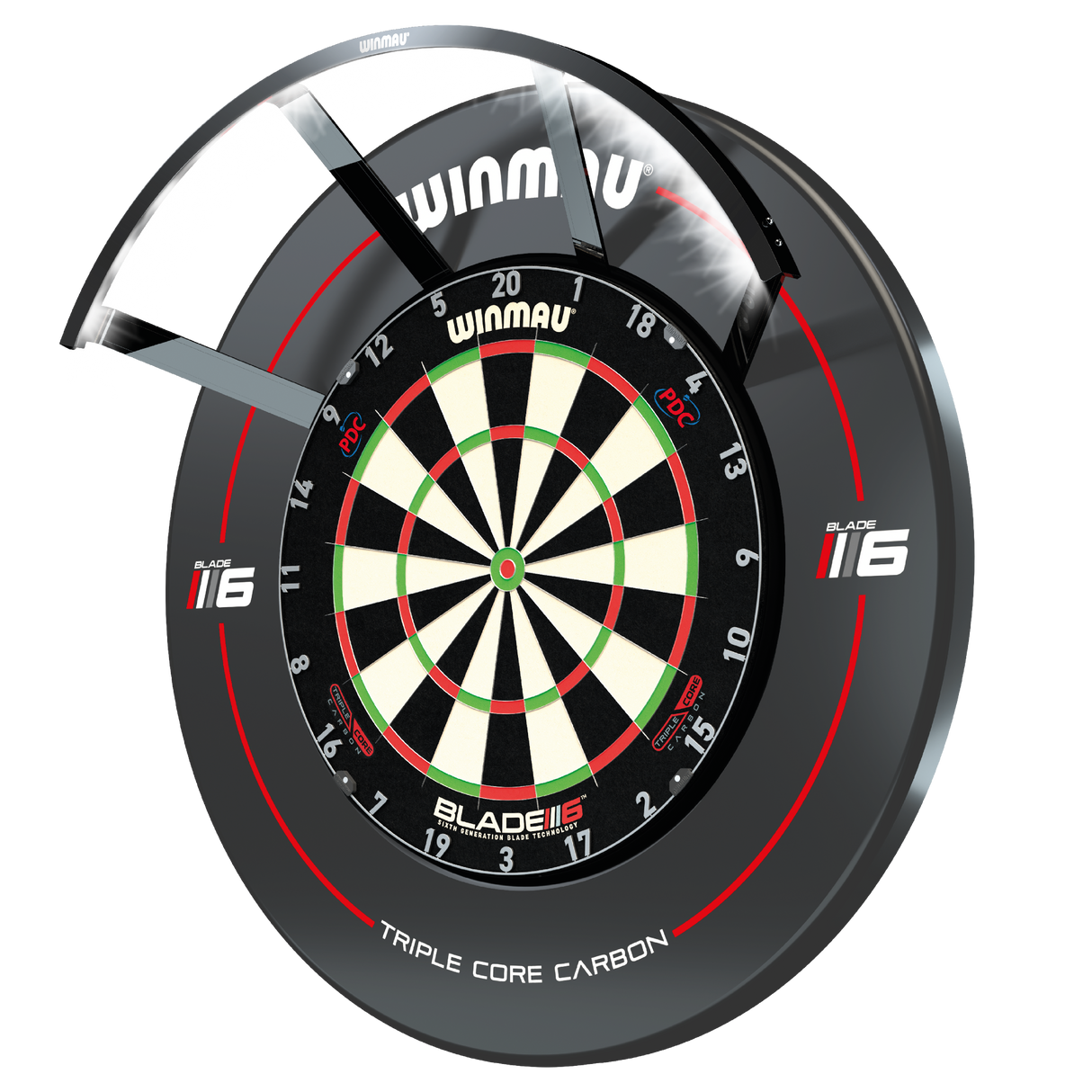 Angled full view of mounted dartboard with 120-degree LED light ring, showing installation and bright lighting coverage for dartboard setup