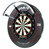 Angled full view of mounted dartboard with 120-degree LED light ring, showing installation and bright lighting coverage for dartboard setup