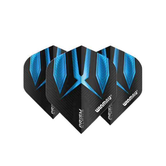 Set of three black and blue No.2 dart flights, angled display, Prism Alpha design, isolated on white background for darts accessories.