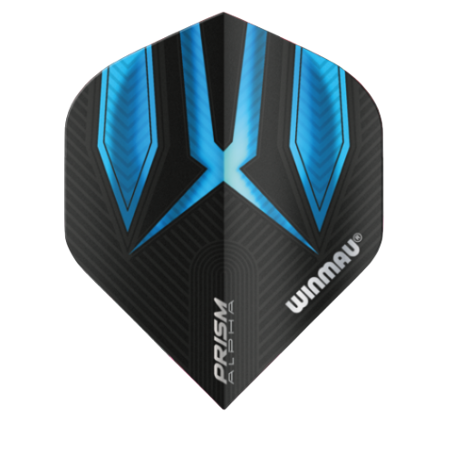 Standard No.2 dart flight in black and blue Prism Alpha design, full view on white background, highlighting textured pattern