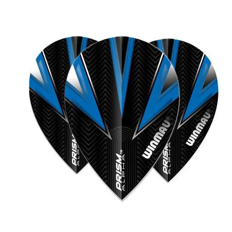 Three black and blue pear dart flights arranged on white background, highlighting textured Prism Alpha design and aerodynamic shape