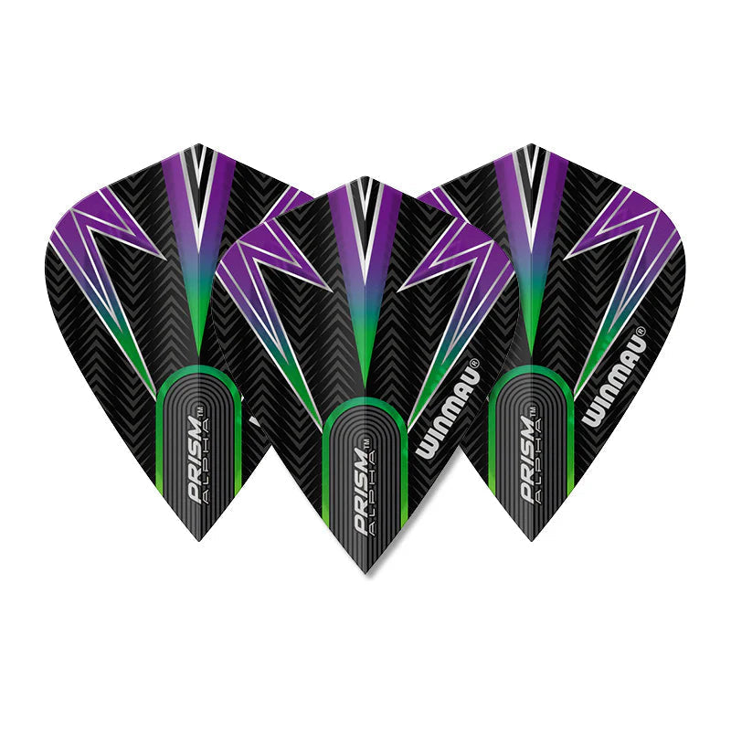 Three Prism Alpha black, green, and purple kite dart flights arranged in a row, kite shape and textured pattern clearly visible.
