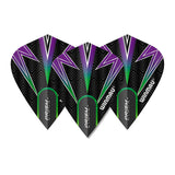 Three Prism Alpha black, green, and purple kite dart flights arranged in a row, kite shape and textured pattern clearly visible.