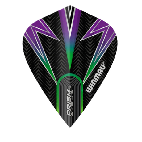 Close-up of kite-shaped dart flight with black, green, and purple Prism Alpha design, isolated on white background