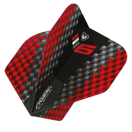 Angled close-up of No.2 dart flight with black, red, silver Prism Alpha Blade 6 design, textured pattern, isolated on white background