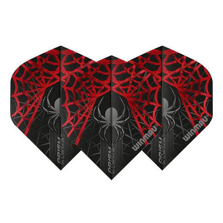 Set of three No.2 dart flights with black base and bold red spider web design, arranged on white background for dart accessories.