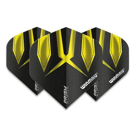 Three No.2 black and yellow dart flights with geometric design, angled view, isolated on white, showing Prism Alpha texture and standard shape