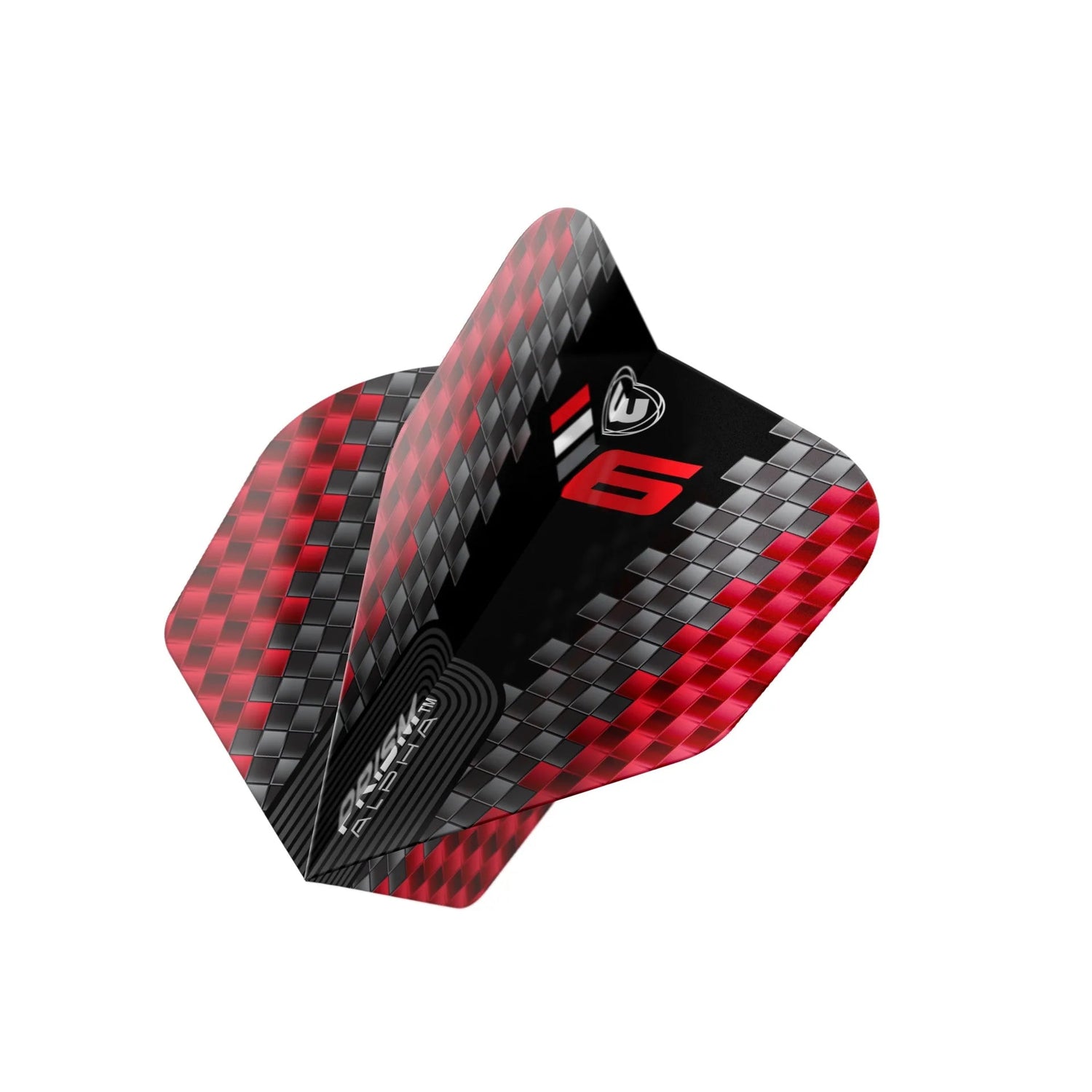 Close-up angled view of Prism Alpha Blade 6 dart flight with red and grey chevron pattern, isolated on white background