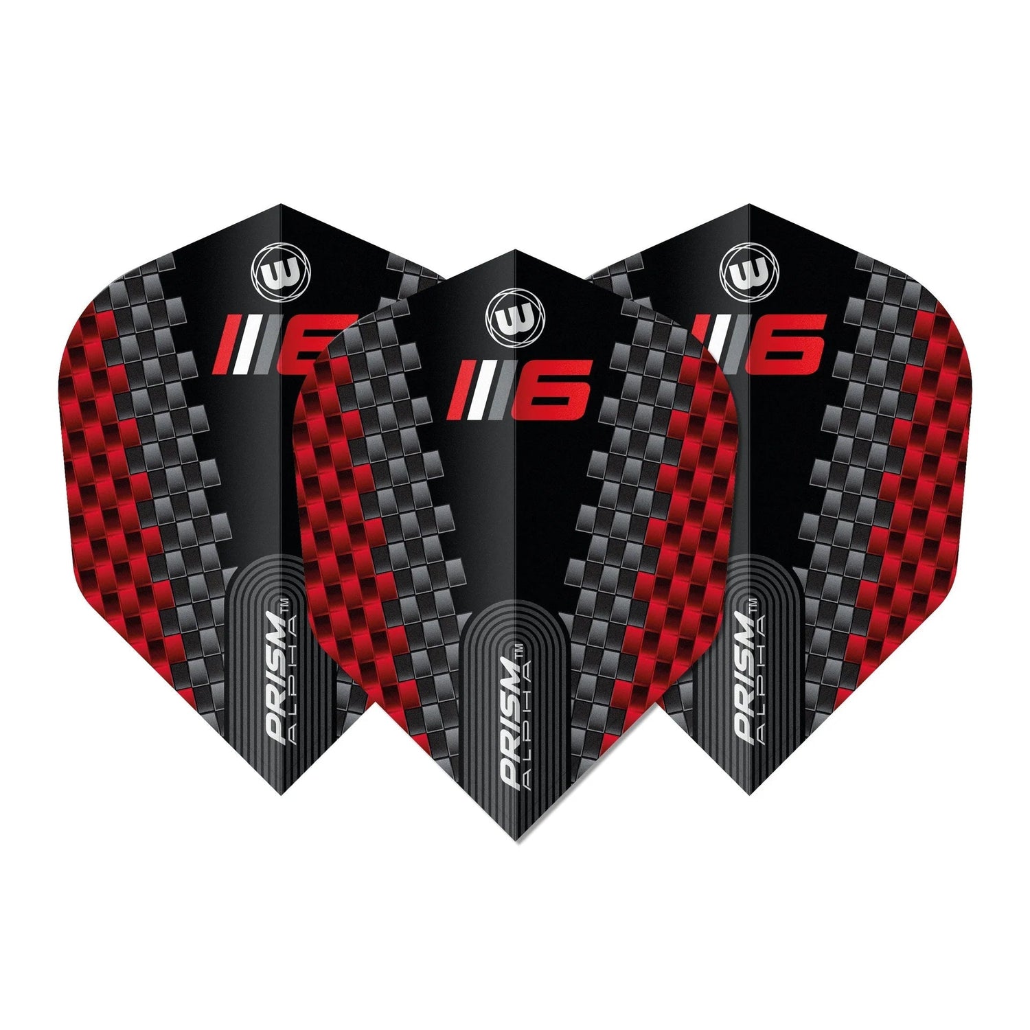 Three Prism Alpha Blade 6 Chevron No.6 dart flights arranged side by side, carbon fiber design, red and black pattern, isolated on white