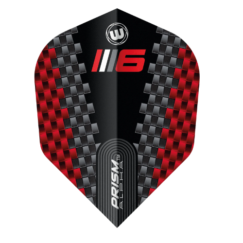 Individual No.6 dart flight chevron design with red and black carbon pattern, Prism Alpha Blade 6 text, isolated on white