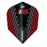 Individual No.6 dart flight chevron design with red and black carbon pattern, Prism Alpha Blade 6 text, isolated on white