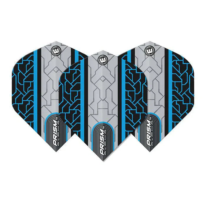 Set of three dart flights with black, grey, and blue geometric Prism Alpha design, isolated on white background for darts accessories