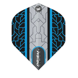 Single Prism Alpha dart flight with blue, black, and gray circuit design, full view isolated on white for darts equipment.