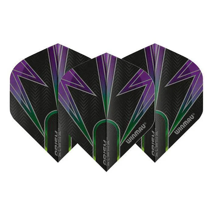 Set of three Prism Alpha No.2 dart flights in black, green, and purple, full view on white background, highlighting textured design