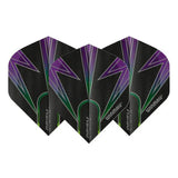 Set of three Prism Alpha No.2 dart flights in black, green, and purple, full view on white background, highlighting textured design