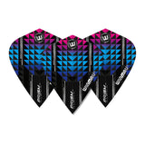Three Prism Alpha purple kite dart flights arranged on white background, featuring bold geometric blue and purple design for dart accuracy.