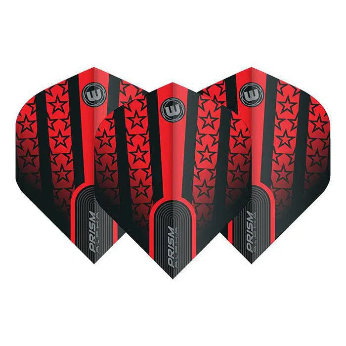 Set of three Prism Alpha No.2 dart flights in red and black with star pattern, full product view on white background.