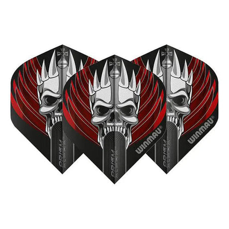 Set of three Prism Alpha Skull No.2 dart flights with bold skull and red wing graphics, angled display on white background
