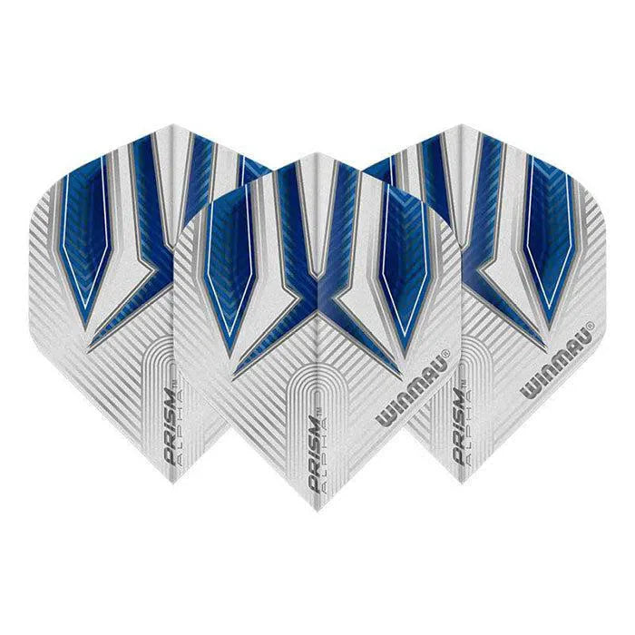 Three Prism Alpha No.2 dart flights with white and blue pattern, top-down view, arranged together on white background for dart equipment buyers