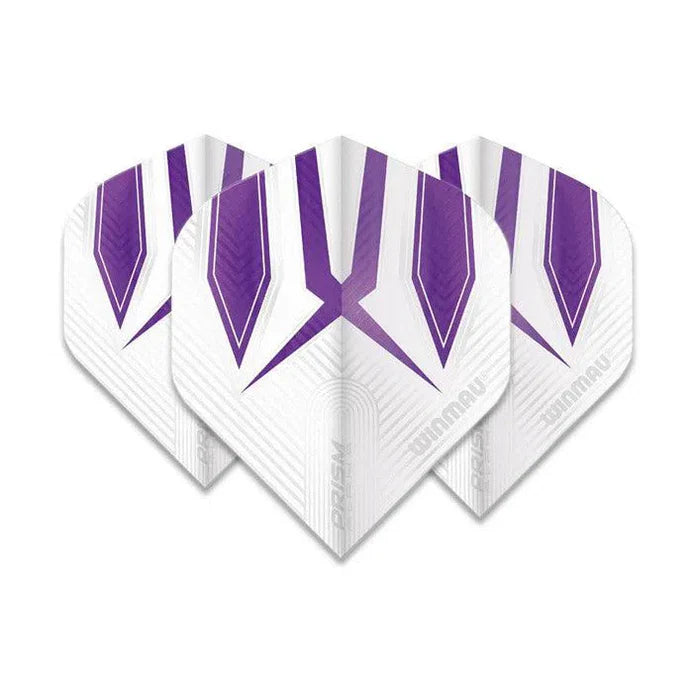 Three white and purple Prism Alpha No.2 dart flights fanned out on white background highlighting design and texture