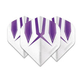 Three white and purple Prism Alpha No.2 dart flights fanned out on white background highlighting design and texture