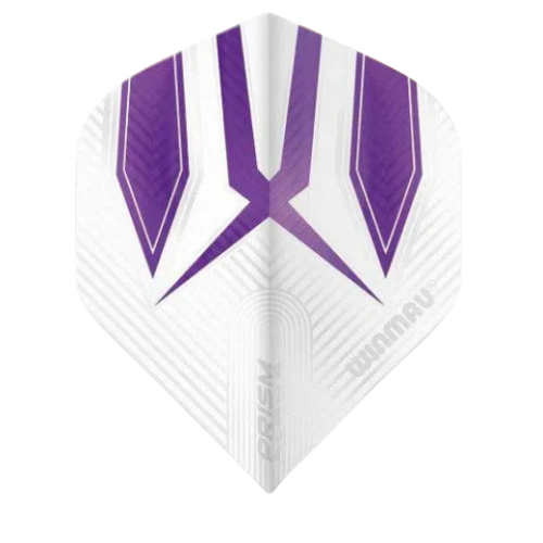 White and purple Prism Alpha No.2 dart flight isolated on white background, showing shape, textured pattern, and color design