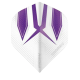 White and purple Prism Alpha No.2 dart flight isolated on white background, showing shape, textured pattern, and color design