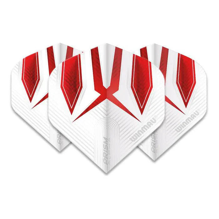 Three Prism Alpha No.2 dart flights arranged fan-style on white background, showcasing red and white geometric flight pattern